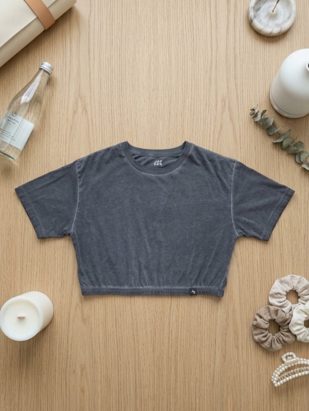JoyLab Mineral Wash Grey Black Charcoal Boxy Crop Top Workout Gym Tee Women's M